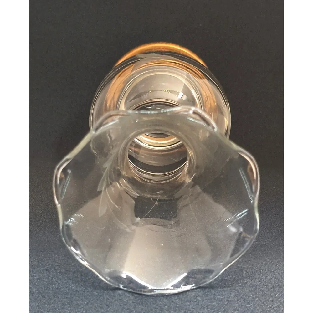 Vintage Princess House Etched Wheat Glass Bud Vase Copper Base Ruffled Rim